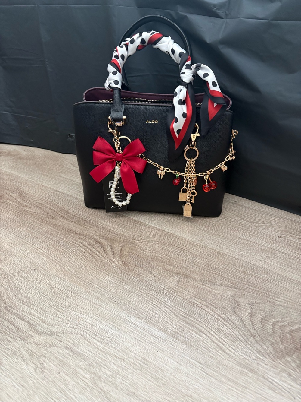 ALDO Black Satchel with Red Bow and Polka-Dot Scarf